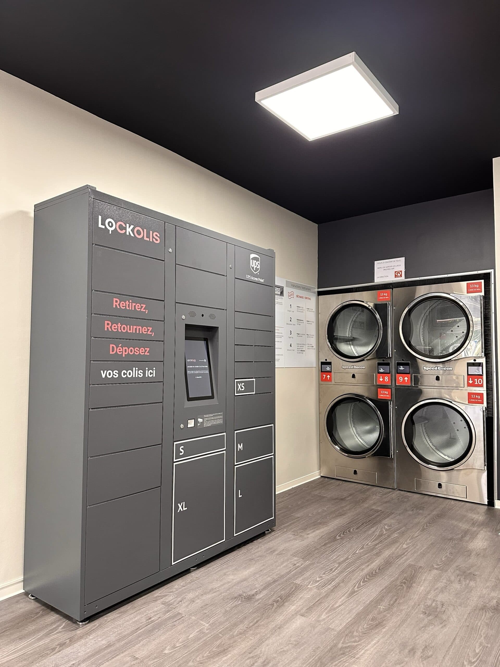 Lockolis locker installed in a self-service laundrette, next to the washing machines