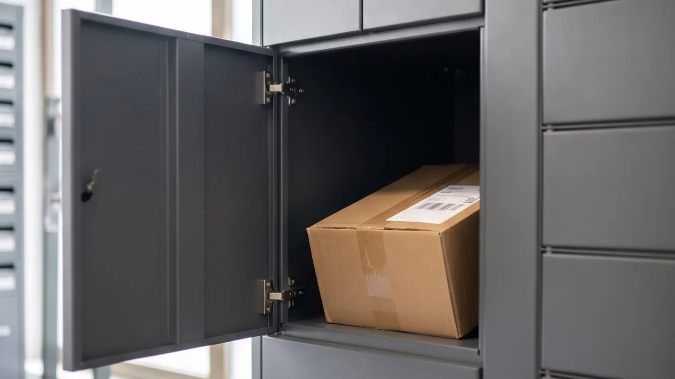 Porte ouverte d'un casier connecté, un colis à l'intérieur, dans un hall d'entrée