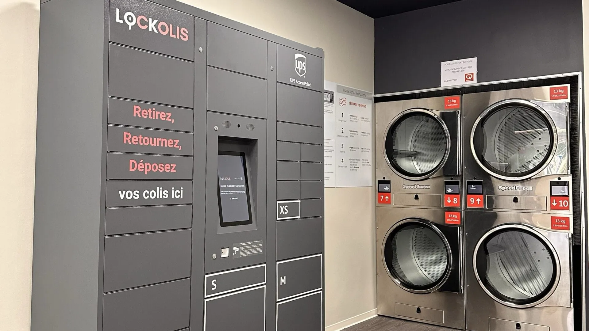 Locker Lockolis installé dans une laverie automatique, à côté des sèche-linge