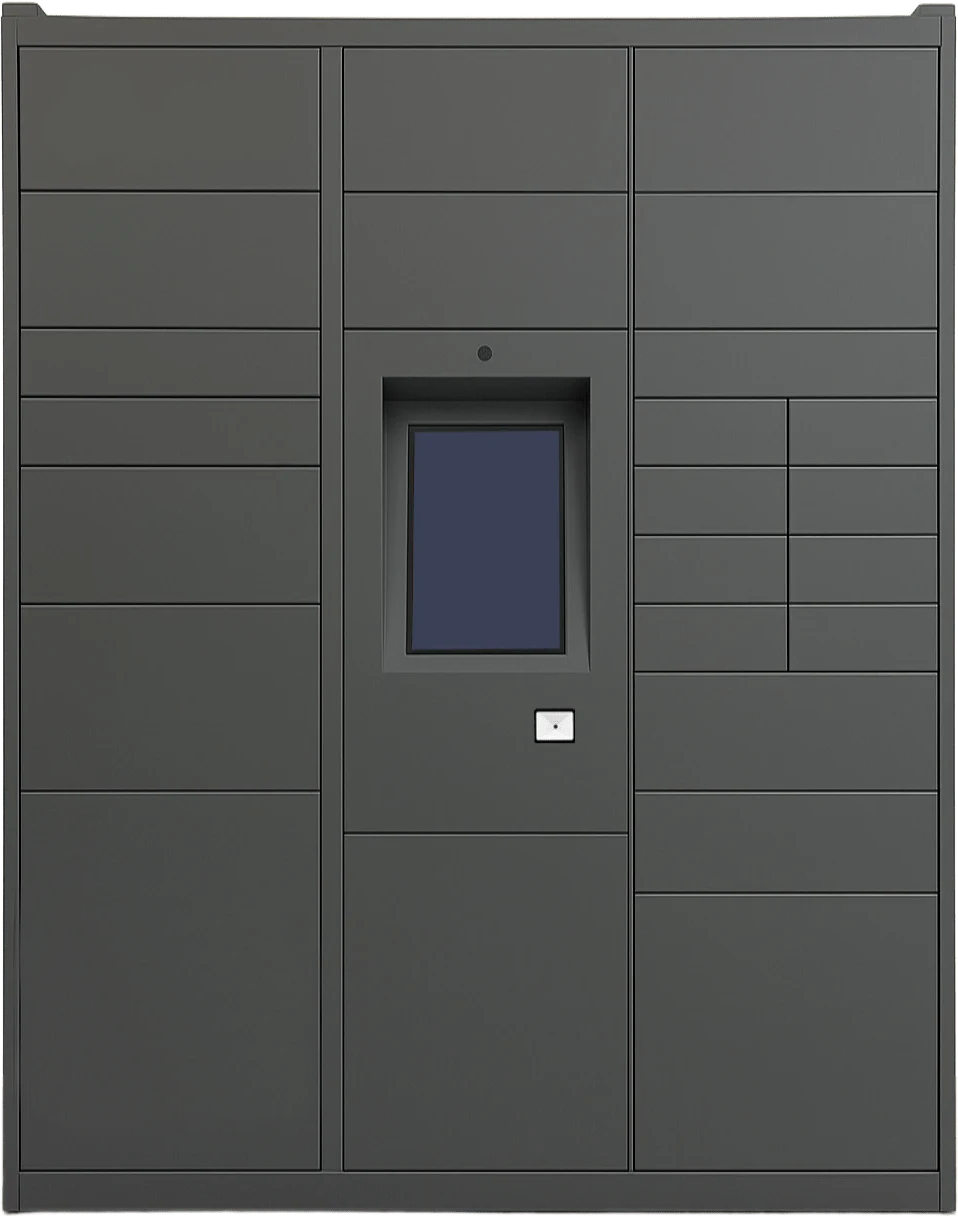 Casier connecté Lockolis vu de face : écran tactile, lecteur de badge et portes de plusieurs tailles