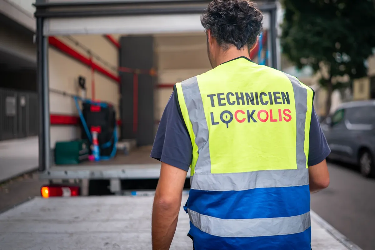 Un technicien Lockolis, de dos, en gilet « Technicien Lockolis », devant le camion de livraison ouvert